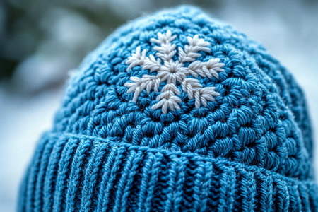 Winter knitted hat with a snowflakes pattern on a winter background. Christmas atmosphere. Creative hobby.の素材