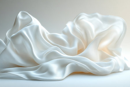 Pastel colored silk scarf on white background. Soft and flowing waves. Promoting fine fabrics.の素材