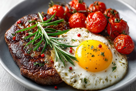 Gourmet high-protein breakfast. Steak and eggs with roasted tomatoes. Keto trend. Hotel breakfast.の素材