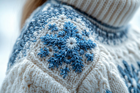Trending in fashion. Crochet details of snowflakes pattern on a modern garment. Winter atmosphere in clothes. Handcraft.の素材