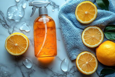 Minimalist flat lay cleaning concept. Single spray bottle, microfiber cloth and lemon on a white marble background. Shiny surfaces.の素材