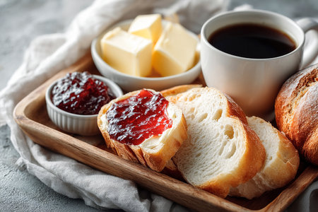 Top view of breakfast on a tray on a white background. Plate of jam, butter and pieces artisan bread and cup of coffee. Hotel style. Natural light.の素材