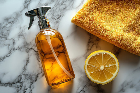 Minimalist flat lay cleaning concept. Single spray bottle, microfiber cloth and lemon on a white marble background. Bathroom cleaning.の素材