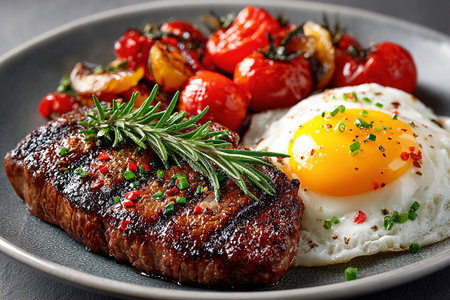 Gourmet high-protein breakfast. Steak and eggs with roasted tomatoes. Keto trend. Instagram aesthetic.の素材
