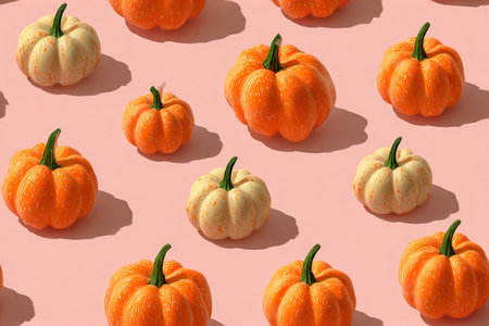 Seamless pattern. Orange small pumpkins. Minimalist style. Drawing style. Seasonal image.の素材