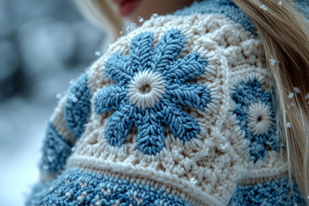 Trending in fashion. Crochet details of snowflakes pattern on a modern garment. Winter atmosphere in clothes. Lifestyle integration.の素材