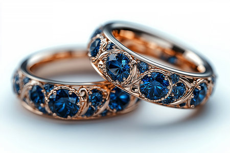 Luxurious pair of wedding rings with blue stones on a white background. Rococo-Renaissance style. Luxury jewelry.の素材