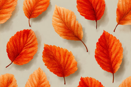 Orange autumn leaves equidistant from each other. Seamless pattern. Drawing style. Holiday ornament.の素材