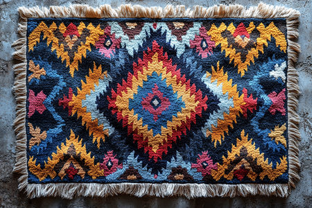 Home decoration. Handwoven rug texture with geometric print on a white background.の素材