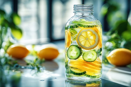 Glass bottle of vitamin-infused water with slices of lemon and cucumber.  Drinking glass.の素材