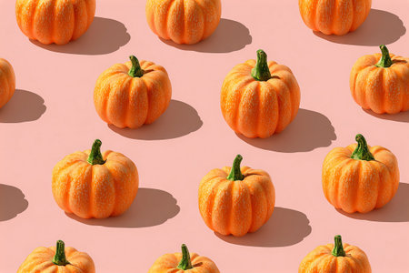 Seamless pattern. Orange small pumpkins. Minimalist style. Drawing style. Harvesting. Fun pattern.の素材