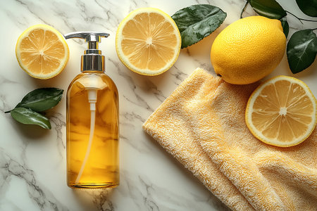 Minimalist flat lay cleaning concept. Single spray bottle, microfiber cloth and lemon on a white marble background. Home cleaning concept.の素材