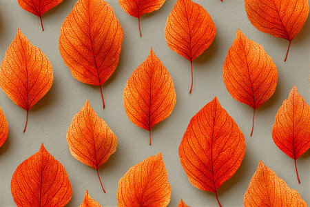 Orange autumn leaves equidistant from each other. Seamless pattern. Drawing style. Orange autumn pattern.の素材