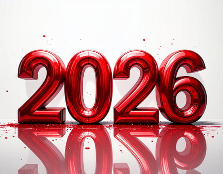 2026 in large numbers on a white background. Red with a shiny effect. Symbol of New Year. Greeting design.の素材