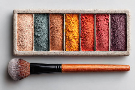 Flat lay of makeup brush placed next to a color palette on white background. Perfect for sleek design-focused cosmetic advertisements.の素材