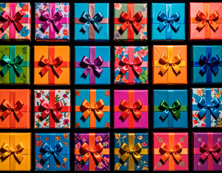 Multicolored gift boxes. Celebration, birthdays, Christmas and branding. Packaging. Top view. Modern design.の素材