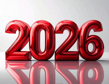 2026 in large numbers on a white background. Red with a shiny effect. Symbol of New Year. Holiday design.の素材