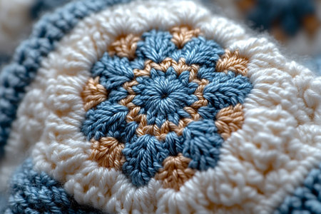 Trending in fashion. Crochet details of snowflakes pattern on a modern garment. Winter atmosphere in clothes. Lighting. Cozy Setup.の素材