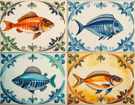 Texture of ceramic tile with pattern of fish in natural tones. Design mockup for bathroom interior. Decoration background. Commercial Use.の素材