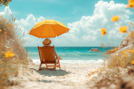 Umbrella and chairs set up on sand in beach of ocean. Summer memories. Sunny day.の素材