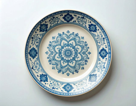 Ceramic plate with a classic white and blue pattern on a white background. Porcelain kitchenware. Close-up. Top view. Timeless table setting.の素材