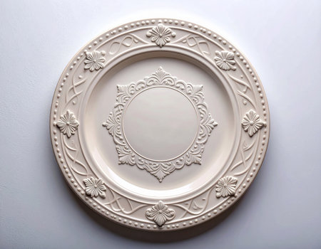 Ceramic plate with a classic white design and floral border on a white background. Porcelain kitchenware. Close-up. Top view. Vintage elegance.の素材