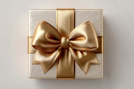 Gold box wrapped with a bow on white background. Jewelry, birthdays, Christmas and luxury branding. Elegant present.の素材