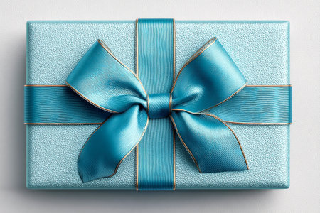 Blue box wrapped with a bow on white background. Jewelry, birthdays, Christmas and luxury branding. Elegant packaging.の素材