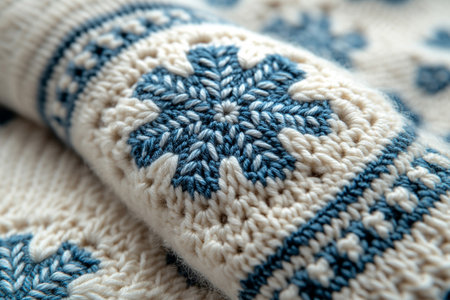 Trending in fashion. Crochet details of snowflakes pattern on a modern garment. Winter atmosphere in clothes. Minimalist Craft.の素材