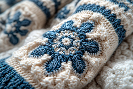 Trending in fashion. Crochet details of snowflakes pattern on a modern garment. Winter atmosphere in clothes. Craft influencer vibe.の素材