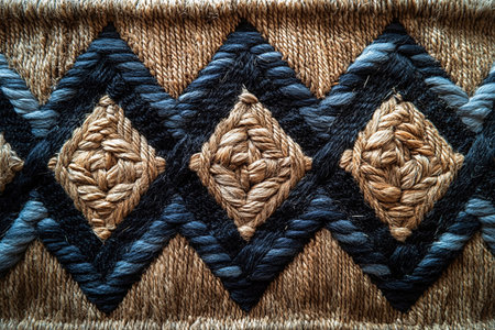 Handwoven rug texture with geometric print on a white background. Cozy lifestyle integration.の素材