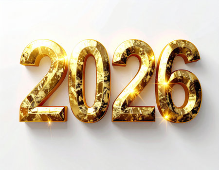 2026 in large numbers on a white background. Golden with a shiny effect. Symbol of New Year. Celebration design.の素材