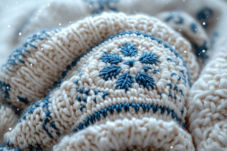 Trending in fashion. Crochet details of snowflakes pattern on a modern garment. Winter atmosphere in clothes. Winter Knits.の素材