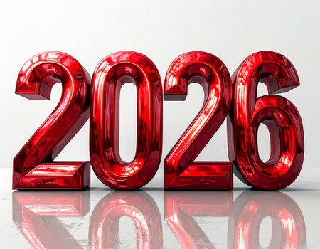 2026 in large numbers on a white background. Red with a shiny effect. Symbol of New Year. Calendar design.の素材