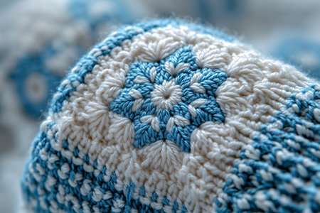 Trending in fashion. Crochet details of snowflakes pattern on a modern garment. Winter atmosphere in clothes. Retro style yarns.の素材