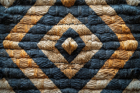 Home decoration. Handwoven rug texture with geometric print on a white background. Top view.の素材