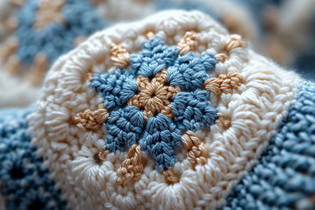 Trending in fashion. Crochet details of snowflakes pattern on a modern garment. Winter atmosphere in clothes. Wool yarns.の素材