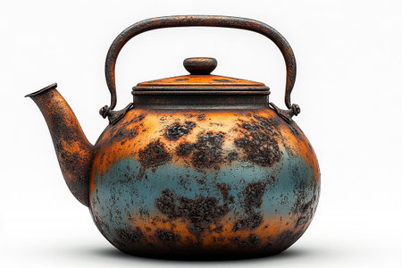 Metal vintage teapot in classic style. Food rustic kitchenware. Vintage store.の素材