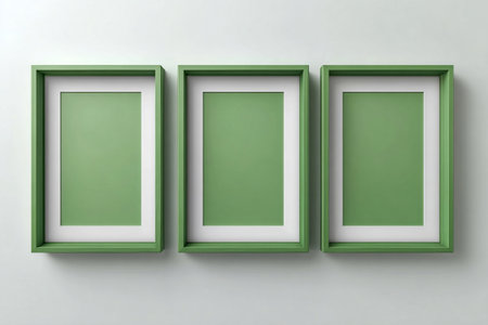 Mock up for modern interior and branding. Empty green photo frame for a collage of three photos in a minimalist style on a white background. Green stylish photo frame. Office scene.の素材
