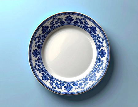 Ceramic plate with a classic white and blue pattern on a white background. Porcelain kitchenware. Close-up. Top view. Vintage elegance.の素材
