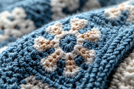 Trending in fashion. Crochet details of snowflakes pattern on a modern garment. Winter atmosphere in clothes. Ready to Create.の素材