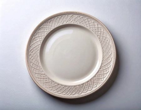 Ceramic plate with a classic white design and floral border on a white background. Porcelain kitchenware. Close-up. Top view. Sophisticated decor.の素材