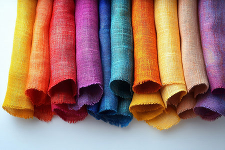 Rolls of Fabric. Scraps arranged in a rainbow gradient. White background. Creative hobby.の素材