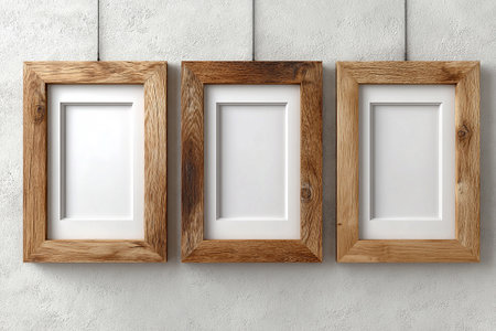 Mock up for modern interior and branding. Empty wooden photo frame for a collage of three photos in a minimalist style on a white background. Stylish photo frame. Framed poster.の素材