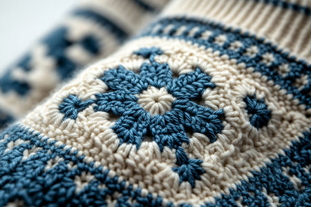 Trending in fashion. Crochet details of snowflakes pattern on a modern garment. Winter atmosphere in clothes. Lifestyle integration.の素材