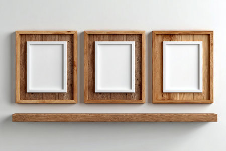 Mock up for modern interior and branding. Empty wooden photo frame for a collage of three photos in a minimalist style on a white background. Stylish photo frame. Home design.の素材