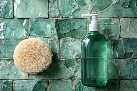 Top view of sponge next to a light detergent bottles on a background of ceramic tiles in green colors. Perform for how-to cleaning blogs.の素材
