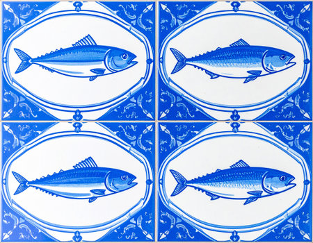 Texture of ceramic tile with pattern of fish in blue tones. Design mockup for bathroom interior. Decoration background. Different textures.の素材