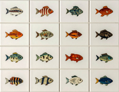 Texture of ceramic tile with a of pattern of fish in natural colors. Material for interior. Design mockup and background. Various colors.の素材