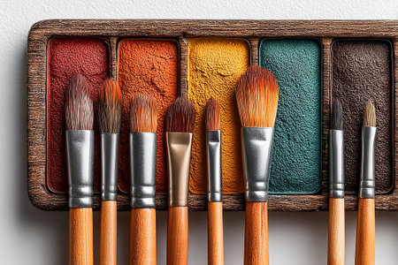 Flat lay of makeup brush placed next to a color palette on white background. Makeup for dark skin tones.の素材